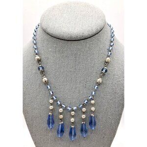 Vintage Blue Czech Glass Necklace Faux Pearl Silver Tone Bib With Teardrop Beads